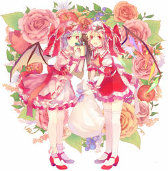 Rule 34 | 2girls, ankle socks, apple, ascot, bag, bat wings, blonde hair, blue hair, blueberry, box, brooch, fang, fingernails, flandre scarlet, floral background, flower, food, fruit, gift, gift box, hat, hat flower, hat ribbon, high heels, holly, jewelry, looking at viewer, mob cap, multiple girls, nail polish, open mouth, orange flower, orange rose, pepocopranodon, pink flower, pink rose, puffy short sleeves, puffy sleeves, pumps, red eyes, red flower, red rose, remilia scarlet, ribbon, rose, sharp fingernails, short hair, short sleeves, siblings, side ponytail, sisters, skirt, skirt set, smile, socks, thighhighs, touhou, white background, wings, wreath, wrist cuffs