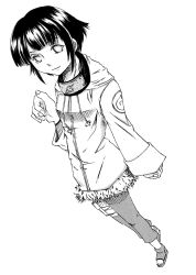 Rule 34 | 1girl, bad id, blush, contemporary, cota, greyscale, hasuno gumi, hyuuga hinata, looking at viewer, monochrome, naruto, naruto (series), sandals, short hair, sidelocks, simple background, solo, standing, toes, white background