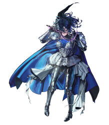 1girl absurdres alternate_costume angelia_(girls&#039;_frontline) arm_armor armor black_eyes black_hair blue_cape blueblossom cape chinese_commentary closed_mouth commentary english_commentary full_body girls&#039;_frontline hair_over_one_eye highres holding_sickle knight leg_armor mixed-language_commentary plate_armor scar scar_on_face simple_background solo standing white_background