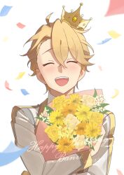 Rule 34 | 1boy, 9640chikin, blonde hair, blush, bouquet, closed eyes, confetti, crossed arms, crown, dated, facing viewer, flower, gold trim, hair between eyes, happy birthday, highres, holding, holding bouquet, male focus, naoe banri, short hair, simple background, solo, tilted headwear, uniteup!, upper body, white background, yellow flower
