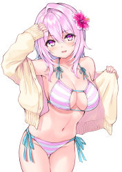 Rule 34 | 1girl, armpits, bare shoulders, bikini, breasts, cleavage, collarbone, commentary request, cowboy shot, cu-no, flower, groin, hair flower, hair ornament, halterneck, hand up, hibiscus, hisen kaede, jacket, large breasts, long hair, long sleeves, looking at viewer, nail polish, navel, off shoulder, open clothes, open jacket, parted lips, pink bikini, pink hair, purple eyes, side-tie bikini bottom, simple background, smile, solo, stomach, striped bikini, striped clothes, swimsuit, thigh gap, white background, yayoi sakura, yellow jacket