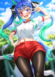 Rule 34 | 1girl, absurdres, animal ears, black pantyhose, black ribbon, blue eyes, blue hair, blue sky, blurry, blurry background, cloud, cloudy sky, commentary, day, depth of field, gym shirt, gym shorts, gym uniform, hair ribbon, hand on own hip, heterochromia, highres, horse ears, horse girl, horse tail, long hair, looking at viewer, manu lee, midriff, multicolored hair, navel, open mouth, outdoors, pantyhose, pantyhose under shorts, purple eyes, railing, red shorts, ribbon, sharp teeth, shirt, short shorts, shorts, sidelocks, sky, smile, solo, standing, t-shirt, tail, teeth, tracen training uniform, twin turbo (umamusume), twintails, two-tone hair, umamusume, v over eye, very long hair, white shirt