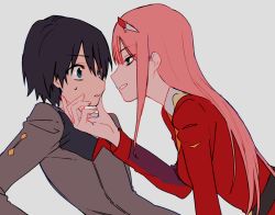 Rule 34 | 10s, 1boy, 1girl, 320 (romsen), bad id, bad pixiv id, black hair, couple, darling in the franxx, face-to-face, green eyes, hand on own face, hiro (darling in the franxx), horns, long hair, looking at another, military, military uniform, oni horns, pink hair, red eyes, short hair, sweatdrop, uniform, zero two (darling in the franxx)