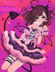 Rule 34 | 1girl, aqua eyes, black choker, blush, brown hair, character name, choker, demon tail, dress, earrings, feet out of frame, floating hair, frilled dress, frills, hands up, heart, highres, idolmaster, idolmaster cinderella girls, jewelry, long hair, looking at viewer, purple background, sakuma mayu, smile, solo, super dry (super dry rr), tail