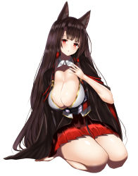 Rule 34 | 1girl, akagi (azur lane), animal ear fluff, animal ears, azur lane, breasts, brown kimono, cleavage, collar, detached collar, fox ears, full body, highres, japanese clothes, kimono, large breasts, long hair, looking at viewer, m-&gt;g, miniskirt, pleated skirt, red eyes, red skirt, seiza, sitting, skirt, skirt under kimono, solo, white background, white collar, wide sleeves