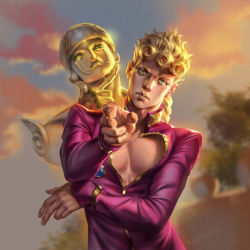 Rule 34 | 1boy, blonde hair, braid, braided ponytail, cleavage cutout, closed mouth, clothing cutout, cloud, cloudy sky, giorno giovanna, gold experience, green eyes, jacket, jojo no kimyou na bouken, lips, long hair, looking at viewer, outdoors, pink jacket, pointing, pointing at viewer, rakavka, sky, solo, stand (jojo), sunset, v-shaped eyebrows, vento aureo
