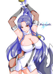 Rule 34 | 1girl, absurdres, artist request, axe, bare shoulders, battle axe, blue hair, breasts, cleavage, high ponytail, highres, holding, holding weapon, large breasts, looking at viewer, ponytail, red eyes, solo, taimanin (series), taimanin asagi, weapon, yatsu murasaki