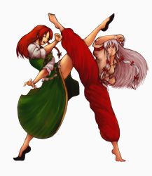 Rule 34 | 2girls, attack, baggy pants, barefoot, battle, bow, braid, breasts, china dress, chinese clothes, clenched hands, collarbone, determined, dress, eye contact, facing another, female focus, fighting stance, flats, flexible, fujiwara no mokou, full body, green dress, green eyes, hair between eyes, hair bow, hair ornament, hair ribbon, hands up, happy, height difference, high kick, highres, hong meiling, kicking, kung fu, large bow, large breasts, leg lift, leg up, long hair, looking at another, martial arts, medium breasts, multiple girls, open mouth, outstretched leg, pants, parted lips, plantar flexion, red eyes, red hair, red pants, red ribbon, ribbon, serious, shoes, side slit, silver hair, simple background, smile, split, standing, standing on one leg, teeth, terrajin, toes, tongue, touhou, white background, white hair