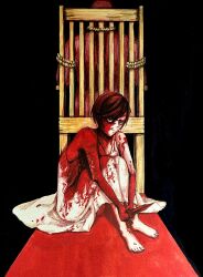 Rule 34 | 1girl, 1other, absurdres, bare arms, bare shoulders, barefoot, black background, blood, blood on face, bloody weapon, bound, brown hair, camisole, chair, closed mouth, collarbone, dress, evillious nendaiki, fetal position, frown, gouache (medium), highres, holding, holding knife, implied murder, knees to chest, knife, majo salmhofer no toubou (vocaloid), meiko (vocaloid), meta28050, meta salmhofer, painting (medium), short hair, sitting, sleeveless, sleeveless dress, tied up (nonsexual), traditional media, vocaloid, watercolor (medium), weapon, white camisole, white dress
