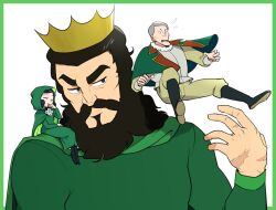 Rule 34 | 1girl, 2boys, aboutama, beard, black footwear, black hair, boots, border, bosse (ousama ranking), capelet, cloak, closed eyes, closed mouth, covering own mouth, crown, daida, dress, facial hair, flying sweatdrops, giant, green border, green capelet, green cloak, green dress, green shirt, grey hair, hand up, happy, hood, hood up, hooded cloak, king, laughing, long sleeves, looking at another, medium hair, miranjo, multiple boys, multiple scars, mustache, ousama ranking, outside border, scar, scar on hand, shirt, short hair, sideways glance, simple background, sitting, sitting on shoulder, smile, smirk, surprised, white background