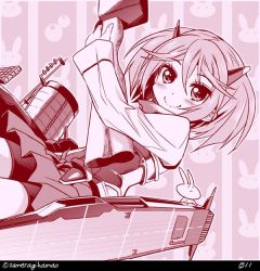 Rule 34 | 1girl, alternate costume, alternate hairstyle, bike shorts, rabbit, commentary request, cosplay, flight deck, headgear, kantai collection, looking at viewer, machinery, monochrome, numbered, pink theme, pleated skirt, sazanami (kancolle), short hair, skirt, smile, solo, sumeragi hamao, taihou (kancolle) (cosplay), taihou (kancolle), twitter username