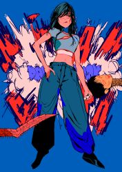 Rule 34 | 1girl, absurdres, baggy pants, black hair, blue eyes, blue shirt, chainsaw man, cleavage cutout, clothing cutout, crop top, cross scar, explosion, facial scar, highres, holding, holding sword, holding weapon, long hair, looking at viewer, matumot, pants, red background, scar, scar on cheek, scar on face, severed head, shirt, simple background, solo, sword, tanaka (chainsaw man), weapon, yoru (chainsaw man)
