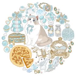 Rule 34 | animal focus, blue bow, blue bowtie, blue flower, blue gemstone, blue rose, blue theme, bow, bowl, bowtie, box, bracelet, bracelet removed, cake, candy, candy jar, carriage, cat, circle formation, cookie, cupcake, doll, flower, food, food focus, gem, glass bowl, grey cat, hairband, heart-shaped cookie, heart-shaped food, jar, jewelry, jewelry box, lolita hairband, looking at viewer, macaron, meringue, no humans, original, pearl (gemstone), pie, pie slice, ribbon, ring, ring removed, rose, seashell, shell, simple background, slothm22, striped ribbon, tiered tray, unworn jewelry, white background, white cat, white ribbon