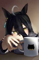 Rule 34 | 1girl, a4 (a4 eishi), absurdres, animal ears, arms on table, black hair, closed mouth, cup, earrings, expressionless, hair between eyes, highres, holding, holding cup, horse ears, jewelry, long hair, long sleeves, looking at viewer, manhattan cafe (umamusume), multicolored hair, pov across table, purple shirt, shirt, single earring, solo, steam, streaked hair, table, umamusume, upper body, yellow eyes