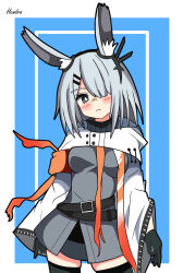 Rule 34 | 1girl, absurdres, animal ears, arknights, bangs pinned back, black eyes, black gloves, black thighhighs, blue background, blush, border, breasts, capelet, cowboy shot, dress, frostnova (arknights), frown, gloves, grey dress, grey hair, hair ornament, hairpin, hendra, highres, inset border, jacket, large breasts, long hair, long sleeves, open clothes, open jacket, outside border, rabbit ears, rabbit girl, short dress, sidelocks, signature, simple background, solo, straight hair, thighhighs, white border, white capelet, white jacket, zettai ryouiki
