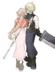 Rule 34 | 1boy, 1girl, aerith gainsborough, armor, baggy pants, bangle, bare shoulders, belt, blonde hair, blue pants, blue shirt, boots, bracelet, braid, braided ponytail, brown footwear, brown hair, buster sword, cloud strife, cropped jacket, dress, facing away, fighting stance, final fantasy, final fantasy vii, ghost, gloves, hair ribbon, hand on another&#039;s back, holding, holding staff, holding sword, holding weapon, jacket, jewelry, long dress, long hair, materia, multiple belts, pants, parted bangs, pink dress, pink ribbon, puffy short sleeves, puffy sleeves, red jacket, ribbon, shirt, short hair, short sleeves, shoulder armor, sidelocks, sleeveless, sleeveless turtleneck, spiked hair, spirit, staff, standing, suspenders, sword, turtleneck, twitter username, wavy hair, weapon, white background, you (blacknwhite)