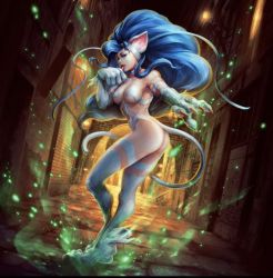 Rule 34 | 1girl, animal ears, animal hands, artist request, ass, blue hair, breasts, capcom, cat ears, cat girl, cat paws, cat tail, felicia (vampire), official art, solo, source request, tail, teppen, underboob, vampire (game)
