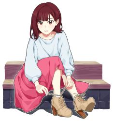 Rule 34 | 1girl, boots, brown eyes, brown footwear, brown hair, cross-laced footwear, full body, furihata ai, high heel boots, high heels, long skirt, long sleeves, looking at viewer, outline, parted lips, pink skirt, real life, red hair, shirt, shoes, sitting, sitting on stairs, skirt, solo, stairs, transparent background, tying shoes, voice actor, waste-man, white outline, white shirt