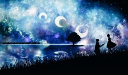 Rule 34 | 1boy, 1girl, from side, harada miyuki, looking at another, moon, night, outdoors, standing, tagme