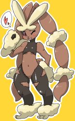 Rule 34 | 1girl, animal ears, animal nose, bare shoulders, black pantyhose, black sclera, blush, body fur, brown fur, chizi, colored sclera, creatures (company), female focus, flat chest, full body, furry, furry female, game freak, gen 4 pokemon, hand on own hip, hand up, happy, heart, highres, looking at viewer, lopunny, mega lopunny, mega pokemon, navel, nintendo, one eye closed, open mouth, outline, pantyhose, pink eyes, pokemon, pokemon (creature), rabbit ears, rabbit girl, rabbit tail, shiny clothes, simple background, smile, solo, speech bubble, spoken heart, standing, tail, teeth, torn clothes, torn pantyhose, white outline, wide hips, wink, yellow background