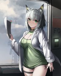 Rule 34 | 1girl, absurdres, animal ear fluff, animal ears, arknights, breasts, cat ears, cat girl, choker, chun bae, cleavage, cleavage cutout, closed mouth, clothing cutout, dress, green dress, green eyes, green hair, highres, jacket, kal&#039;tsit (arknights), medium hair, solo, thigh strap, white jacket