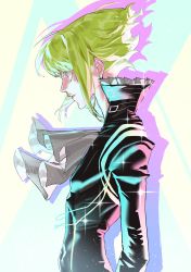 Rule 34 | 1boy, absurdres, androgynous, ascot, black jacket, chamuring, earrings, furrowed brow, green hair, high collar, highres, jacket, jewelry, lio fotia, male focus, open collar, profile, promare, short hair, sidelocks, solo, upper body, white ascot, wide-eyed