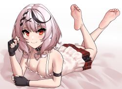 Rule 34 | 1girl, absurdres, barefoot, blush, feet, fingerless gloves, gloves, grey hair, highres, hololive, long hair, looking at viewer, lying, multicolored hair, on stomach, red eyes, sakamata chloe, smile, soles, streaked hair, the pose, toes, virtual youtuber, x xith x