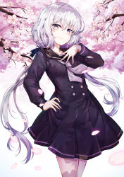 Rule 34 | 1girl, absurdres, black sailor collar, blue eyes, blush, buttons, cherry blossoms, closed mouth, collarbone, commentary, cowboy shot, dress, flower, hand on own hip, hand on own chest, hand up, highres, huge filesize, konno junko, long hair, long sleeves, looking at viewer, low twintails, necktie, pink flower, pleated dress, sailor collar, sailor dress, school uniform, silver hair, smile, solo, standing, sunhyun, tree, twintails, very long hair, white necktie, zombie land saga