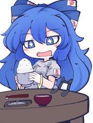 Rule 34 | 1girl, bangle, blue bow, blue eyes, blue hair, blush stickers, bow, bowl, bracelet, chahan (fried rice0614), chopsticks, drooling, fish, grey hoodie, hair between eyes, hair bow, highres, holding, holding bowl, hood, hoodie, jewelry, long hair, mouth drool, one-hour drawing challenge, open mouth, rice, short sleeves, simple background, solo, stuffed animal, stuffed cat, stuffed toy, touhou, white background, yorigami shion