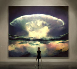 Rule 34 | 1girl, amputee, crutch, dress, explosion, from behind, megatruh, mushroom cloud, nuclear weapon, nuclear explosion, nuclear weapon, original, painting (object), scenery, solo, standing, standing on one leg, twintails, weapon of mass destruction