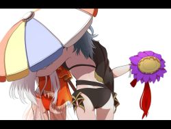 Rule 34 | 2girls, arm around waist, ass, back, beach umbrella, bikini, black bikini, blue hair, breasts, butt crack, byleth (female) (fire emblem), byleth (female) (summer) (fire emblem), byleth (fire emblem), couple, edelgard von hresvelg, fire emblem, fire emblem: three houses, fire emblem heroes, frilled one-piece swimsuit, frills, from behind, highres, leaning on person, letterboxed, multiple girls, nieto tokage, nintendo, official alternate costume, one-piece swimsuit, red one-piece swimsuit, sideboob, swimsuit, thigh gap, umbrella, white hair, yuri