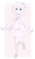 Rule 34 | 1girl, artist name, blue eyes, border, bow, breasts, chocomiru, closed mouth, doki doki literature club, full body, highres, long sleeves, looking at viewer, mary janes, medium breasts, monochrome, pink background, sayori (doki doki literature club), school uniform, shoes, sketch, skirt, smile, solo, unfinished, wavy hair, white border
