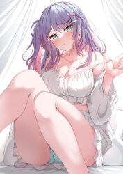 Rule 34 | 1girl, :q, absurdres, blue eyes, blue panties, blush, breasts, cleavage, closed mouth, commission, curtains, feet out of frame, hair ornament, hairclip, hand up, head tilt, highres, indie virtual youtuber, jacket, knees together feet apart, knees up, long hair, long sleeves, looking at viewer, medium breasts, moyoron, multicolored hair, off shoulder, one side up, open clothes, open jacket, panties, pink hair, pleated skirt, puffy long sleeves, puffy sleeves, pulled by self, purple hair, sata nakia, simple background, skeb commission, skirt, solo, strap pull, tongue, tongue out, two-tone hair, underwear, very long hair, virtual youtuber, white background, white jacket, white skirt