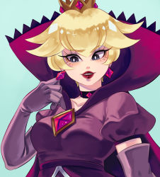 Rule 34 | bad id, bad tumblr id, blonde hair, breasts, cape, crown, dress, earrings, elbow gloves, freekaboo-art, gloves, high collar, highres, jewelry, lipstick, looking to the side, makeup, mario (series), nintendo, paper mario, paper mario: the thousand year door, princess peach, purple dress, purple eyes, purple gloves, red lips, shadow queen, smile, solo