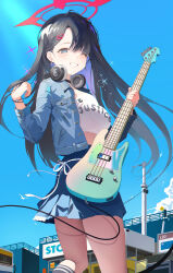 Rule 34 | 1girl, absurdres, alternate costume, bass guitar, black choker, black hair, blue archive, blue jacket, blue skirt, choker, day, electric guitar, grin, guitar, hael, hair ornament, hairclip, halo, headphones, headphones around neck, highres, holding, holding bass guitar, holding guitar, holding instrument, ichika (blue archive), instrument, jacket, long hair, one eye closed, open clothes, open jacket, outdoors, red halo, skirt, smile, solo, twisted torso, utility pole