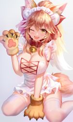 Rule 34 | 1girl, aaeru, animal ear fluff, animal ears, animal hands, apron, bell, blonde hair, blush stickers, breasts, claws, cleavage, collar, fangs, fate/grand order, fate (series), fox ears, fox tail, gradient background, gradient hair, grey background, head tilt, highres, jingle bell, large breasts, long hair, looking at viewer, maid apron, maid headdress, multicolored hair, neck bell, open mouth, pink hair, ponytail, red collar, sitting, smile, solo, tail, tamamo (fate), tamamo cat (fate), tamamo no mae (fate/extra), thighhighs, wariza, white hair, white thighhighs, yellow eyes
