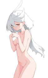 Rule 34 | 1girl, breasts, closed mouth, collarbone, completely nude, cowboy shot, gundam, gundam suisei no majo, hair between eyes, highres, long hair, miorine rembran, navel, nipples, nude, own hands together, simple background, small breasts, solo, stomach, very long hair, white background, white hair, yellow eyes, yysgkd