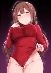 Rule 34 | 1girl, blush, brown eyes, cai geng, closed mouth, covered navel, cum, cum in pussy, cumdrip, heattech leotard, idolmaster, idolmaster shiny colors, kuwayama chiyuki, leotard, long hair, long sleeves, low twintails, red leotard, smile, solo, turtleneck, twintails