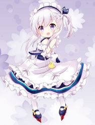 Rule 34 | 1girl, :d, aged down, apron, azur lane, bare shoulders, belfast (azur lane), black footwear, blue dress, blue ribbon, blush, braid, commentary request, dress, elbow gloves, frilled apron, frills, gloves, hair ribbon, little bel (azur lane), long hair, maid, maid headdress, mary janes, massala, one side up, open mouth, pantyhose, purple eyes, ribbon, shoes, silver hair, sleeveless, sleeveless dress, smile, solo, waist apron, white apron, white gloves, white pantyhose