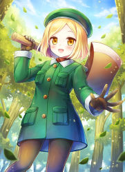 Rule 34 | 1girl, :d, axe, beret, blonde hair, blue sky, blush, cannan, cloud, day, fate/grand order, fate (series), forest, gloves, green hat, green jacket, hat, highres, jacket, leaf, looking at viewer, nature, official art, open mouth, outdoors, over shoulder, pantyhose, paul bunyan (fate), pocket, short hair, sky, smile, standing, yellow eyes
