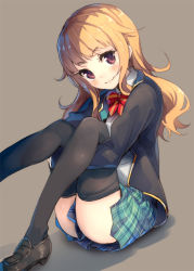 Rule 34 | &gt;:3, 10s, 1girl, :3, amatsuka mao, black footwear, black thighhighs, blazer, blonde hair, blush, brown eyes, closed mouth, collared shirt, gj-bu, green skirt, grey background, hugging own legs, jacket, loafers, long hair, looking at viewer, open clothes, open jacket, parsley-f, plaid, plaid skirt, pleated skirt, school uniform, shirt, shoes, simple background, sitting, skirt, smile, solo, thighhighs, thighs, v-shaped eyebrows, wavy hair, white shirt