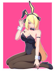 Rule 34 | 1girl, alternate breast size, alternate costume, armband, black footwear, black hairband, black leotard, black nails, blonde hair, border, breasts, brown pantyhose, cleavage, commentary request, creatures (company), cynthia (pokemon), detached collar, full body, game freak, hair ornament, hair over one eye, hairband, hand up, high heels, highres, leotard, long hair, madoka (user zrnk8278), nail polish, nintendo, pantyhose, pink background, playboy bunny, pokemon, pokemon dppt, sitting, solo, white border, wrist cuffs