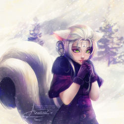 Rule 34 | 1girl, animal ears, artist name, axsen, chromatic aberration, eyeliner, facial mark, forehead mark, gloves, green eyes, hair bun, makeup, original, own hands together, purple gloves, signature, silver hair, single hair bun, smile, solo, squirrel ears, squirrel tail, tail, tree, upper body, watermark, web address, winter clothes
