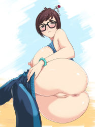Rule 34 | anus, ass, blue legwear, blue shirt, blush, bracelet, breasts, brown hair, cleft of venus, clothes lift, embarrassed, grey eyes, hair ornament, highres, huge ass, huge breasts, jewelry, lens, lying, mei (overwatch), nipples, no bra, no panties, on side, overwatch, overwatch 1, pulling own clothes, pulling off legwear, pussy, shirt, shirt lift, simple background, solo, uncensored, zetxsuna