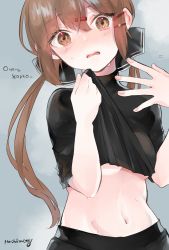 Rule 34 | 1girl, blush, breasts, brown eyes, brown hair, clothes lift, grey background, hair ornament, hair ribbon, hairclip, highres, kantai collection, lifted by self, long hair, low twintails, navel, open mouth, raymie0124, ribbon, russian text, shirt lift, signature, simple background, small breasts, solo, steam, sweat, tashkent (kancolle), twintails, undershirt, upper body
