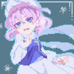 Rule 34 | 1girl, black background, blue eyes, commentary request, futsu nomal, hat, highres, lapel pin, letty whiterock, long sleeves, looking at viewer, open mouth, pixel art, purple hair, scarf, short hair, simple background, skirt, solo, touhou, white hat, white skirt