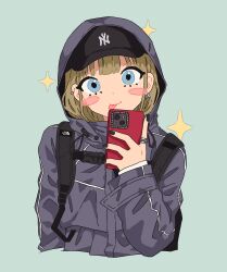 Rule 34 | 1girl, :p, absurdres, baseball cap, black hat, black nails, blue eyes, blush, blush stickers, brown hair, cellphone, cropped torso, earrings, green background, grey jacket, guriming, hair behind ear, hat, hat under hood, head tilt, highres, holding, holding phone, hood, hooded jacket, jacket, jewelry, looking at viewer, nail polish, new york yankees, original, phone, procreate (medium), ring, single earring, smartphone, smile, solo, sparkle, the north face, tongue, tongue out, upper body