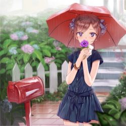 Rule 34 | 1girl, blue eyes, brown hair, dress, fence, flower, hair ribbon, heart, holding, holding flower, hydrangea, letter, looking at viewer, love letter, mailbox, original, rain, ribbon, short hair, solo, stairs, takeuchi aya, umbrella, water