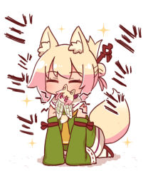 Rule 34 | 2girls, ^ ^, animal ears, animalization, blonde hair, bug, cicada, closed eyes, commentary request, detached sleeves, dress, facing viewer, folded ponytail, fox ears, fox girl, fox tail, full body, green dress, green sleeves, hair between eyes, highres, insect, kemomimi-chan (naga u), kneeling, long sleeves, looking at viewer, mouth hold, multiple girls, naga u, orange neckwear, original, red eyes, red footwear, ribbon-trimmed sleeves, ribbon trim, sailor collar, sailor dress, sandals, sleeveless, sleeveless dress, sleeves past fingers, sleeves past wrists, socks, sparkle, tail, translation request, v-shaped eyebrows, white background, white legwear, white sailor collar, zouri