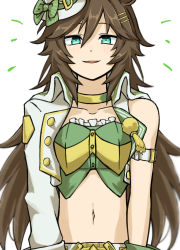 Rule 34 | 1girl, :d, arm strap, bad id, bad pixiv id, bare shoulders, bow, brown hair, choker, collarbone, commentary request, crop top, green bow, green eyes, green shirt, hair between eyes, hair ornament, hairclip, hat, hat bow, highres, jacket, long hair, looking at viewer, midriff, mini hat, mini top hat, mr. c.b. (umamusume), nagataqtoten, navel, open clothes, open jacket, open mouth, parted lips, shirt, simple background, single sleeve, smile, solo, stomach, strapless, strapless shirt, top hat, umamusume, upper body, very long hair, white background, white hat, white jacket, yellow choker